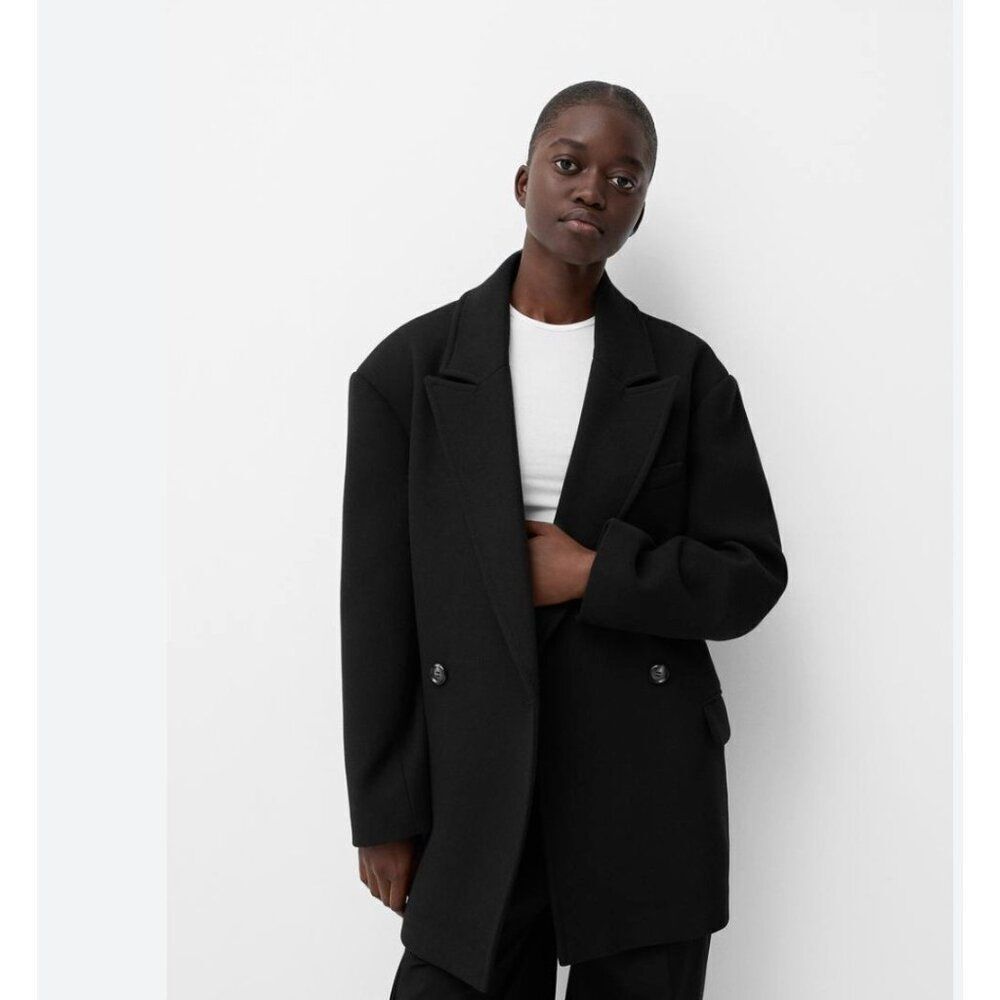 Bershka Womens Overcoat Coat S Small Wool blend Long Sleeve Black 6895/200 NWT